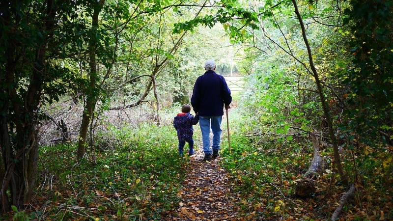 older man walking with young child